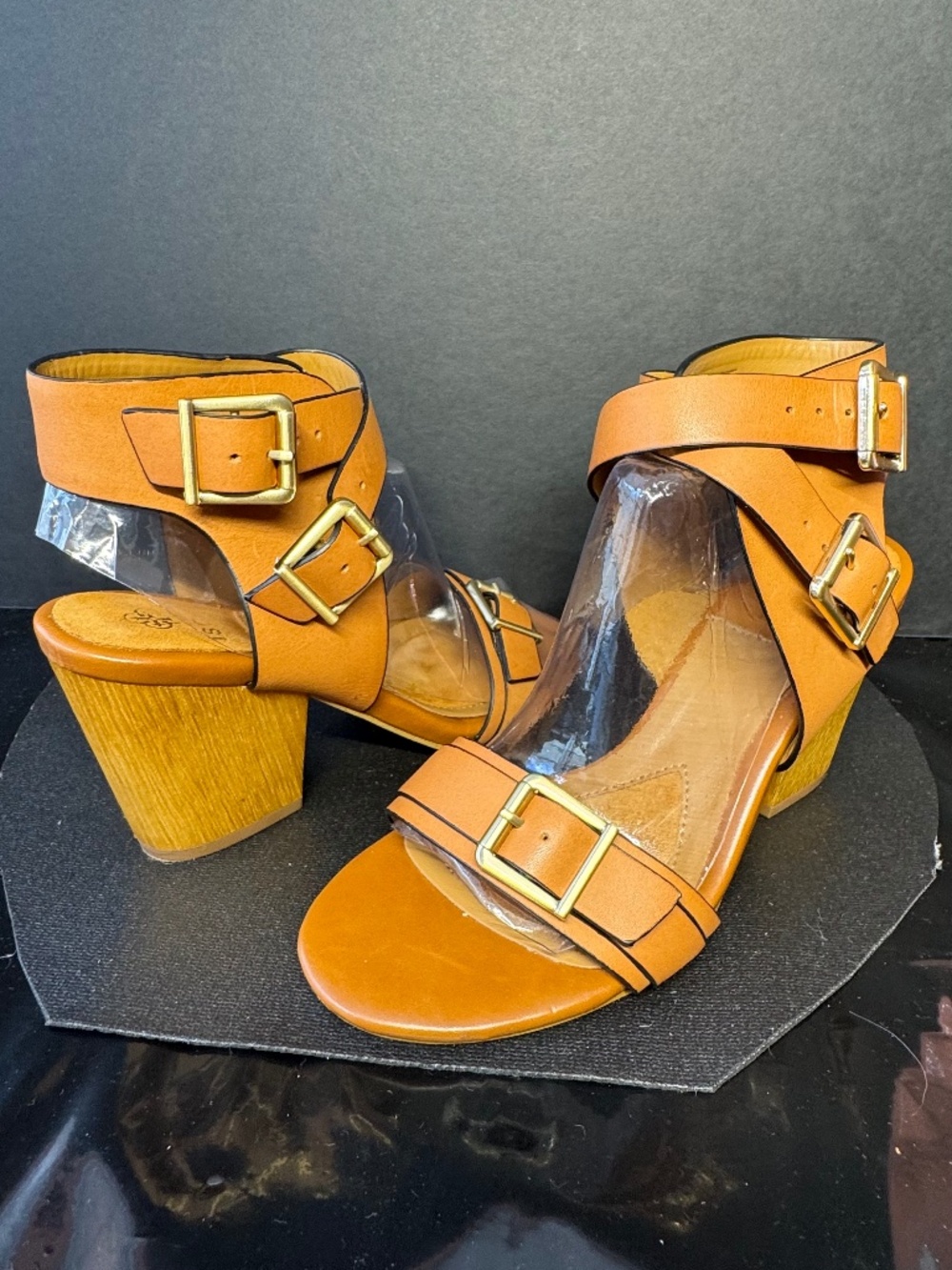 Isola Tan Leather Buckle Sandals Block Heel Ankle Strap Size 6